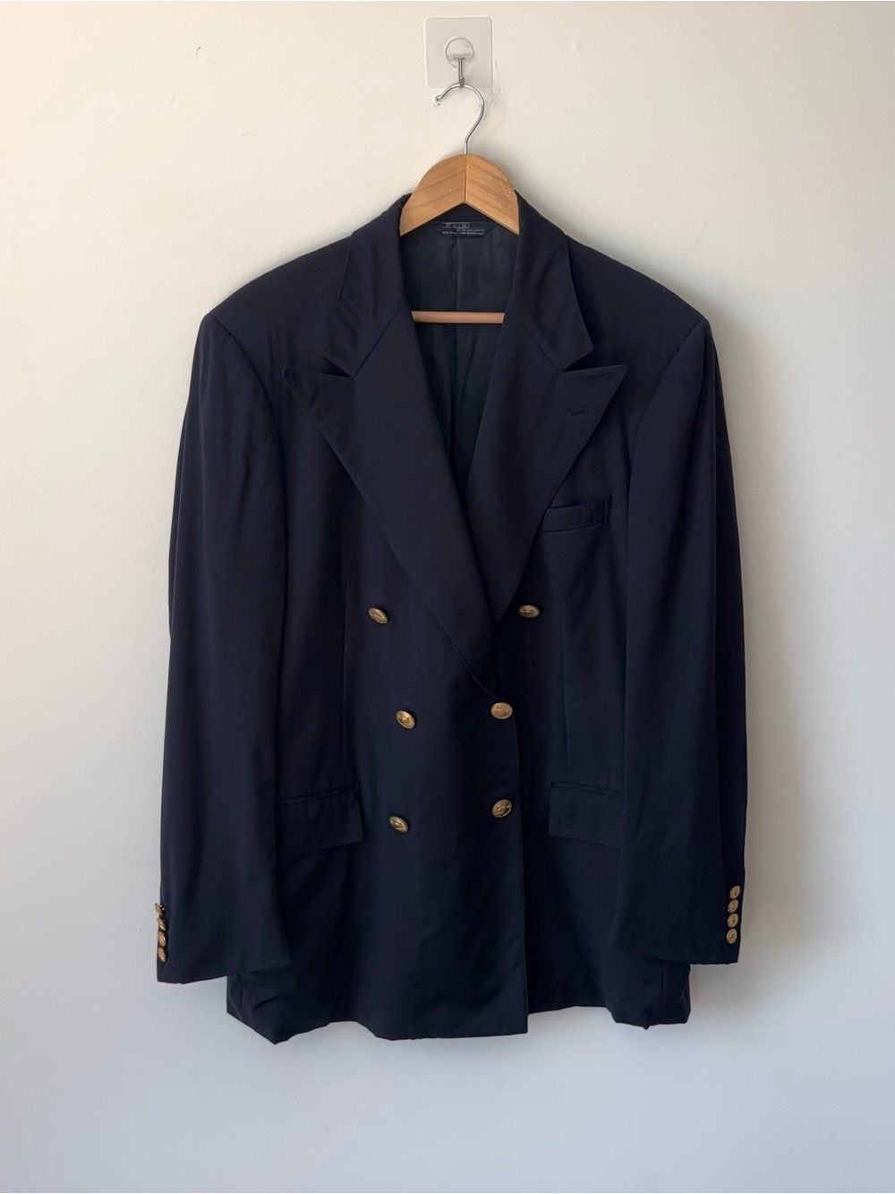 Vintage 80s Polo Ralph Lauren Double Breasted Blazer Jacket 43R Navy Blue Gold